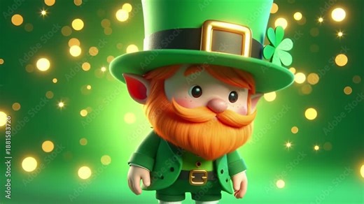 Cute leprechaun character with orange beard and green outfit in various poses. St Patricks day greeting with festive glitter bokeh.