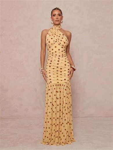 Lumalex Women's Polka Dot Halter Neck Scarf Drape Ruched Bodice Backless Mermaid Ruffle Hem Maxi Dress, Perfect For Summer, Easter, Vacation, Holiday, Spring-Break Trips, Cruises, Beach Weekends, Vacations, Parties, Date Nights, Honey Moon, Weddings, Proms, Banquets, Birthdays, Carnivals, Festivals, And Other Holiday Events, Neo-Girly Charm, Boho-Casual Flair, Quiet Luxury, Business Chic, And Relaxed Vacay Elegance, Style For Luxury Proms, Receptions, Banquets, Weddings, Raves, Festivals, Holida