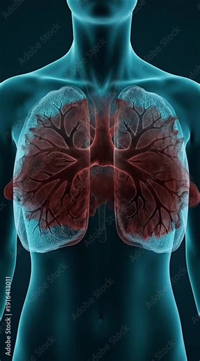 Lung Cancer Medical Animation with Red Inflammation Flowing in Human Lungs, 3D CGI Anatomy of Tumor Growth and Pain Area Visualization