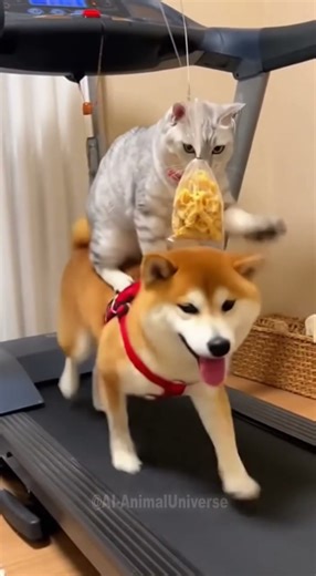 Wow! The cat rides the Shiba Inu, interacting on a treadmill. So cute～ #cat