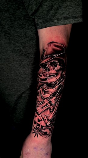 Cowboy sleeve started the other day. Done in one session. DM TO BOOK🖤 #cowboy #cowboytattoo #skulltattoo #revolver #westerntattoo