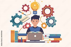 A man working with his laptop computer with light bulb and mechanical gears elements symbolizing creative idea of innovation and creativity inspiration, flat cartoon