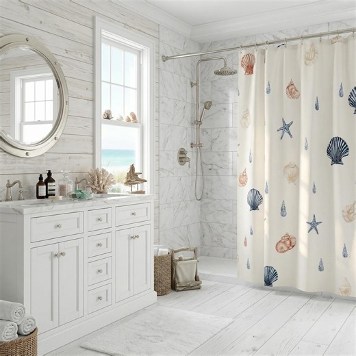 Coastal Bathroom Seashells and Starfish Shower Curtain | Nautical - Etsy