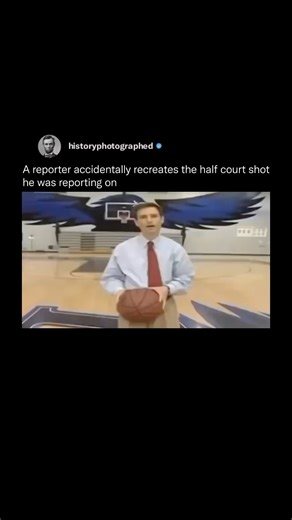 During a live report on an impressive half-court shot, a reporter accidentally recreated the same shot. While casually tossing the basketball mid-report, he made an unexpected, perfect half-court shot | History In Pictures