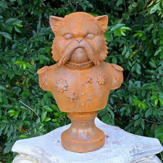 Cast Iron Cat General Bust – Rustic Military Animal Sculpture, Garden Decor - Etsy