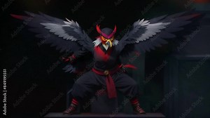 This illustration portrays a tengu, a mythological creature from Japan depicted as half-human, half-bird, with black feathers and large red wings. Its face is menacing with a prominent long nose and s