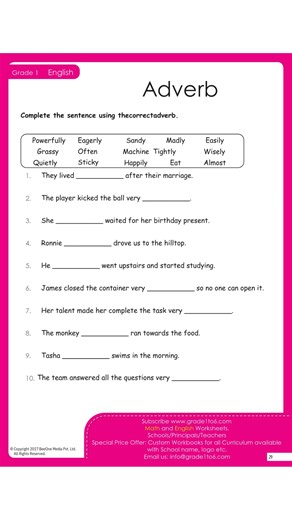 Make learning joyful for young minds! 🌈 Our Grade 1 Math and English quizzes and worksheets are designed to be fun, colourful, and easy to understand. With regular practice, child-friendly explanations, ratings, and rankings, children build confidence while learning. Subscribe to Grade1to6.com by Beeone Books for high-quality worksheets that support school learning and help children grow step by step. 📘 | Grade1to6.com