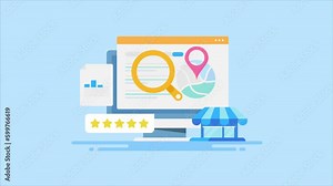 Search engine display local shop business location map and contextual link, Digital marketing SEO optimization video animation.