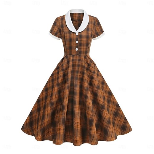 Retro Vintage 1950s Rockabilly Midi Dress A Line Dress Flare Dress Short Sleeves Plaid Fit & Flare Fancy Dress Women's Carnival Valentine's Day Casual Homecoming Retro Theme Party Adults' Dress Spring 2025