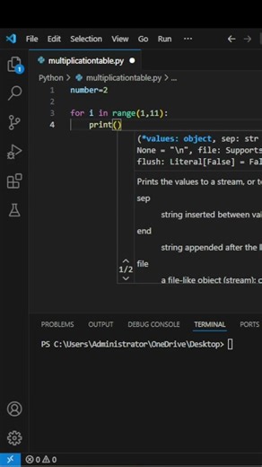 Python multiplication table | multiplication table using for loop #python #code #shorts