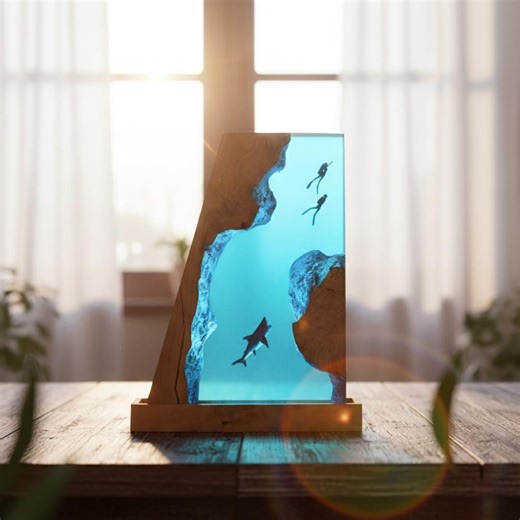 Resin Epoxy Night Lamp, Ocean Shark and Diver Lamp, Handmade Wood Resin Night Light, Unique Ocean Gift - Etsy