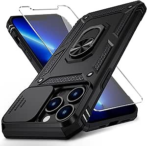 Weycolor for iPhone 12 Pro Max Case with Camera Lens Cover, HD Screen Protector, 10 FT Military Grade Drop Protection, Magnetic Ring Holder Kickstand Protective Phone Case for iPhone 12 Pro Max,Black