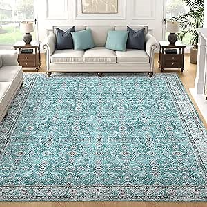 JINCHAN Area Rug 8x10 Washable Living Room Rug Vintage Traditional Distressed Lightweight Thin Retro Indoor Floor Cover Non Slip Floral Carpet for Bedroom Dining Room Bathroom Kitchen Office Turquoise