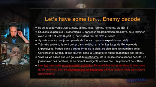 Épisode 119 - Programmation prédictive 911 Liens: www.facebook.com/watchmenquebectv www.youtube.com/@watchmenquebectv (section En direct) www.rumble.com/watchmenquebectv www.watchmenquebec.tv Partage de documents (PDF imprimables): https://drive.google.com/drive/folders/1ecyjGE0FeDpa8p7GqKxnVxAwwHZbIsYP | Watchmen Québec