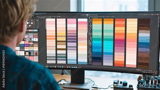 Ui designer analyzing user interface and color palette on large desktop monitor during digital product design process