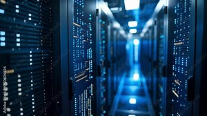 Detailed shot of a computer server room in a manufacturing facility highlighting the extensive use of AI and ML algorithms to yze and optimize large amounts of production