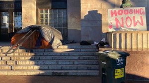 Protestors and housing advocates blocked streets and formed human barriers in anticipation of police clearing out a portion of the homeless encampment at Bellingham City Hall on Friday, Jan. 22, 2021, in Whatcom County, Wash. Full story here: https://www.bellinghamherald.com/news/local/article248695460.html | The Bellingham Herald
