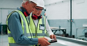 Tablet, team and engineer research at robotic factory for manufacturing with serious senior manager. Technology, plant and people together for automation, production and planning for industry 4.0