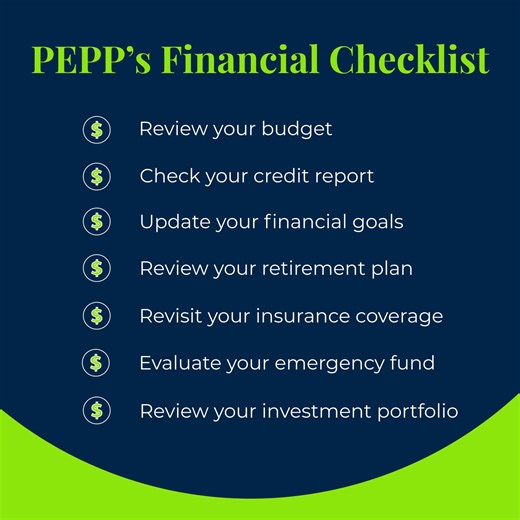 To wrap up Financial Literacy Month, we're sharing a useful financial checklist to help you stay on track throughout the year! Let's check it out: 1. Review your budget: track your income, expenses, and savings goals 2. Check your credit report 3. Update your financial goals: consider if you are saving for retirement, a home, or a vacation 4. Review your retirement plan: check your PEPP contributions 5. Revisit your insurance coverage 6. Evaluate your emergency fund: aim for 3-6 months of expens