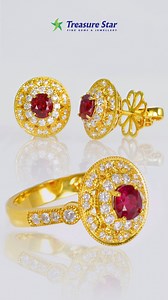 Ruby Ring and Earrings Inspired by the elegance of Burmese architecture and ancient artistry, this title reflects the timeless beauty of the ruby ring earring set. The intricate design, reminiscent of traditional Burmese motifs, paired with the deep red rubies and sparkling diamonds, celebrates both cultural richness and refined elegance. #RubyRing #RubyEarrings #TreasureStar | Treasure Star