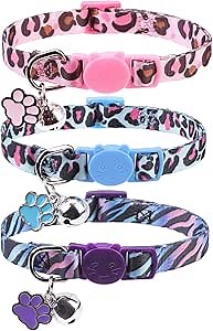 SCENEREAL Breakaway Cat Collar with Bells, Safety Buckle Soft Adjustable Cute Cats Collars for Summer, Kitten Puppy Personalised Leopard and Tiger Print Collars for Dogs Girl Boy