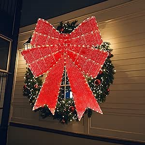 Eachbid 48inch Pre-Lit Christmas Bow Decoration w/ 224 Lights, 8 Light Functions, Timer, Hanging Hook, 4FT Red Bows with Lights Xmas Holiday, Large Outdoor Holiday Yard Décor, Red