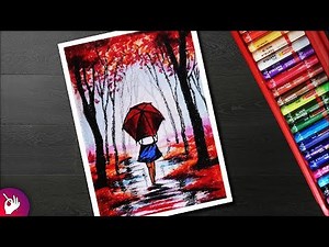 Rainy season scenery drawing for beginners with oil pastel - Girl in rain