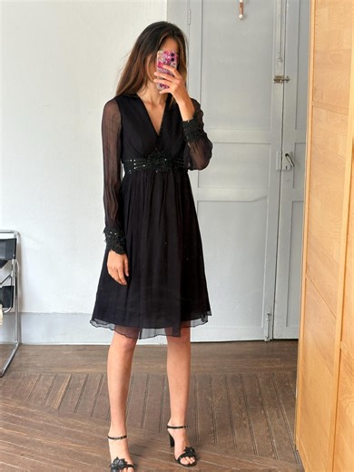 Vintage Black Boho Dress by Derhy – Sheer Sleeves, S, Romantic Goth Midi - Etsy