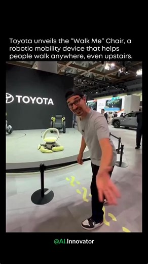 Artificial Intelligence | AI | Technology on Instagram: "Follow @ai.innovator for more content. For millions who struggle to walk, this new robotic chair could mean freedom, one step at a time. 🌍 Toyota has unveiled the “Walk Me” Chair, a robotic mobility innovation built to help people with walking difficulties move independently across everyday environments. Equipped with adaptive sensors, precision motors, and balance-control technology, it adjusts to the user’s movements in real time, allow