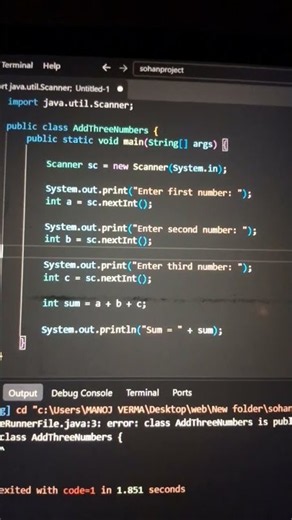 W.A.P to print three number add in java program. #java #programming #codesprint #codelibrary