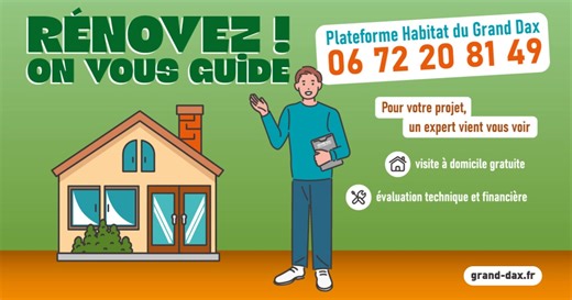🏡 Envie de rénover votre logement ? La Plateforme Habitat du Grand Dax vous accompagne gratuitement dans vos projets : ✅ Amélioration de la performance énergétique ✅ Rénovation d’un logement ancien ✅ Adaptation à une situation de handicap 🔍 Un expert peut vous conseiller et vous orienter dans les aides financières existantes : 📞 06 72 20 81 49 👉 Visite à domicile gratuite, évaluation technique et financière, conseils sur mesure. 💡 Service ouvert à tous les propriétaires du Grand Dax, occupa