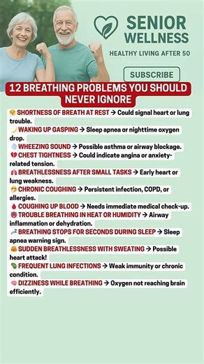 Trouble breathing isn’t just about aging — it’s your body’s signal that something deeper might be wrong. This video reveals the 10 breathing problems most often overlooked by adults over 50. Recognizing these early could protect your heart, lungs, and overall vitality. 🌿 About Senior Wellness Your trusted source for senior health tips, gentle exercises, natural remedies, nutrition guidance, and lifestyle habits to support healthy aging, strength, and vitality. ⚠️ Disclaimer: Educational only, n