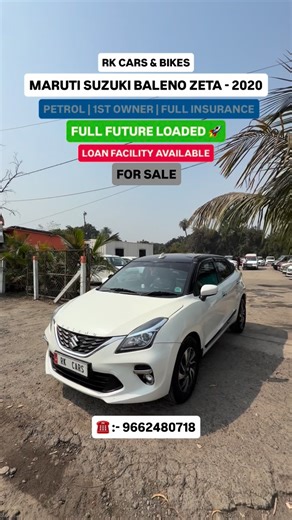 RK Cars & Bikes on Instagram: "AVAILABLE FOR SALE🚀 *MARUTI SUZUKI* *BALENO* *TOP MODEL ZETA* *MANUAL* *(PETROL)* *COLOUR :- PEARL WHITE* *REG. GJ15* *SELECTED NUMBER 8555* *2020 OCTOBER* *1ST OWNER* *INSURANCE TILL - 2026/08* *91,000. KM DRIVEN GENUINE* *ALL TYRES GOOD* *2 KEYS AVAILABLE* *NOTE :- CLEAN CONDITION CAR.* *😍 PROJECTOR LIGHTS.* *KEY LESS ENTRY.* *PUSH BUTTON START STOP.* *AUTOMATIC CLIMATE CONTROL AC.* *ENTERTAINMENT SYSTEM WITH APPLE CARPLAY, ANDROID AUTO.* *DIAMOND CUT ALLOY WHE