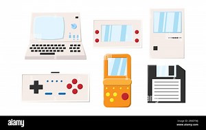 Set of old retro vintage hipster technology electronics computer, pc, floppy floppy disk, game portable video game consoles from 70s, 80s, 90s. Vector Stock Vector Image & Art - Alamy