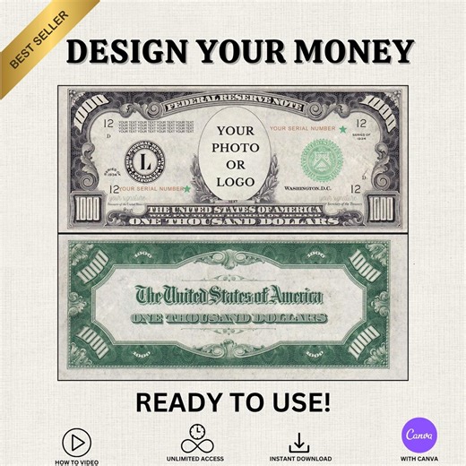 1000 Dollar Template, Custom Face on Money, One Thousand Dollar Bill Fake Money, Digital Download, Editable Prop Money Gift - Etsy