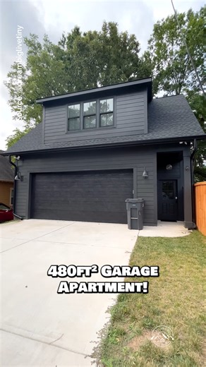 What do you think of this 480-sqft garage apartment ADU (accessory dwelling unit) built behind a single-family home? Comment GARAGE & I'll message you more info & pictures! Inside, there's an open floor plan much like a studio apartment, featuring a large living area, a sleeping area, a long kitchen with a bar top for 2, a dining table, a full bathroom with a tile shower, and a large closet! This one was an @airbnb we stayed at during a trip to Charlotte, NC, but seemed very liveable for us! Wha