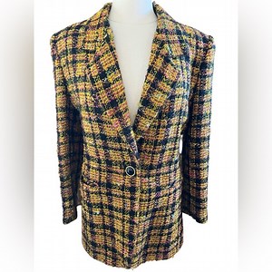 Vintage Boucle Wool Multicolor Plaid Tweed Button Blazer black & gold Buttons 10