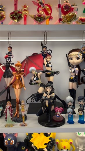 Sailor Star Collector on Instagram: "My Sailor Stars shelf, featuring characters from the final season. You’ve got the Sailor Starlights in their Senshi and civilian form, their Princess Kakyuu, Chibi Chibi and Galaxia. I’ve got to find a way to work in the vintage Starlight figures that I have tucked away in a closet, but space is forever a challenge 😆 #sailormoon"