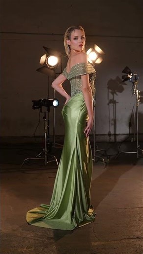 Ladivine KV1140 Green Prom Dress 💚 Off Shoulder Corset & Satin High Slit Gown