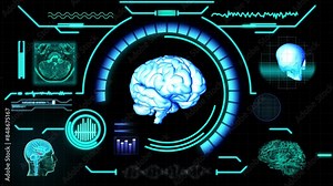 Futuristic medical healthcare concept, Human brain scan. HUD Display holographic Screen virtual interface elements, Virtual technology, artificial intelligence.
