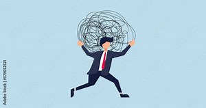 4k burden of stress animation. anxiety from adversity and overwork, trying to exhaust the entrepreneur carry a heavy messy line down his back