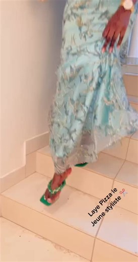 Stylish Blue Floral Dress Staircase Walk