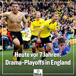 🇬🇧⚽ 12. Mai 2013. Aufstiegs-Playoff-Halbinal in der zweiten englischen Liga. Watford gegen Leicester. Nach der 0:1-Niederlage im Hinspiel führt Watford zuhause mit 2:1. Da bei Aufstiegsspielen die Auswärtstorregel nicht gilt, hätte dieses Ergebnis eine Verlängerung bedeutet. Doch diese gibt es an jenem Tag nicht. —— Es läuft bereits die 96. Minute, als Leicester einen Penalty bekommt und die grosse Chance aufs Weiterkommen hat. Doch Schütze Anthony Knockaert scheitert. Zweimal. Watford versuch