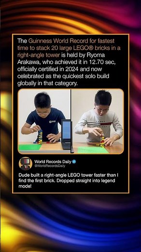 The Guinness World Record for fastest time to stack 20 large LEGO® bricks in a right-angle tower
