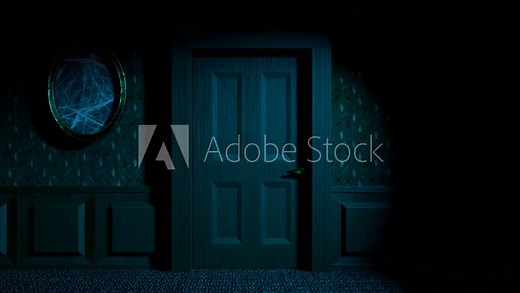 A door opens slowly in the dark creepy corridor 3d 4K animation. Spooky interior of the old house with copy space