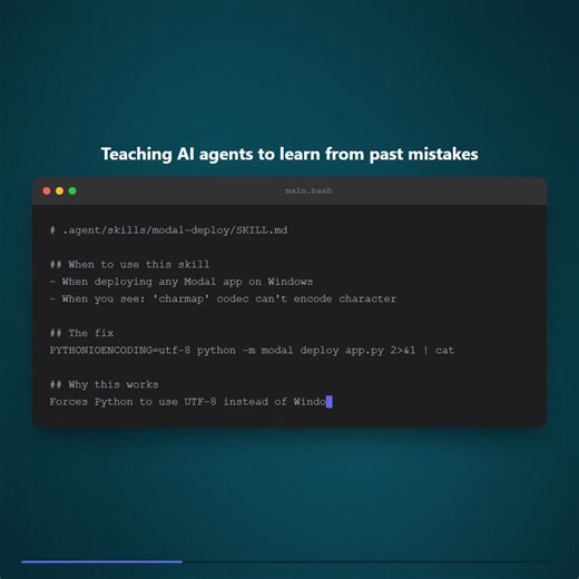 I watched Claude Code have a complete nervous breakdown today. It was trying to deploy an app to Modal. It tried. Failed. Refactored the code. Failed. Rewrote the config. Failed. The error? 'charmap' codec can't encode character. If you use Windows, you know exactly what happened. Modal printed a checkmark emoji. The Windows terminal said "I don't speak Emoji," and the Python process crashed. The fix takes 10 seconds: PYTHONIOENCODING=utf-8. But the AI didn't know that. It hallucinated 5 differe
