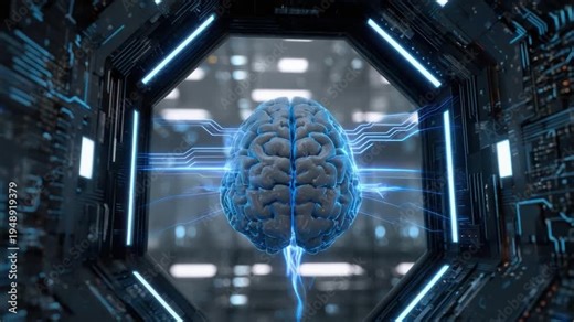 Digital Brain: A captivating image shows a realistic brain enveloped within a futuristic, high-tech matrix, suggesting the merging of human intellect with advanced technology.