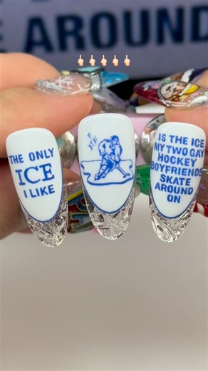 Madison McCollough on Instagram: "coping with this weeks events by making some gay little nails #heatedrivalry🧊✨ watching the actual horror story that has unfolded over the past few days, i know a lot of us are angry, grieving, and scared. i shut myself in my studio to paint nails because art has always been a powerful political tool and it also calms me down 😭 sharing this post to say fvck ice, rest in peace renee nicole good, and i’m hoping putting this out into the world encourages some oth