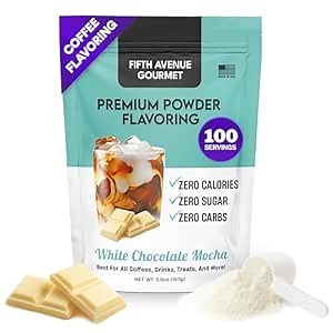 Fifth Avenue Gourmet Premium Powder Flavoring, Zero Sugar & Calories, 157g Powder Flavoring for Coffee, Drinks & Treats, Ideal for Keto & Low-Carb Lifestyles - 100 Servings, White Chocolate Mocha