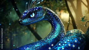 A blue snake with sparkling scales looks at the camera in a forest